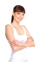 A young and fit brunette Caucasian woman in a good mood