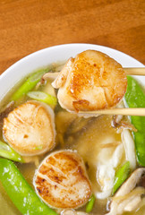 Bowl of Noodle Soup with Pan Seared Scallops