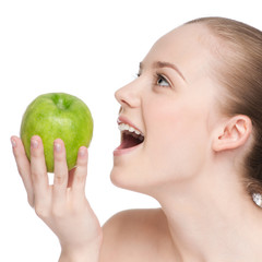 woman eat green apple