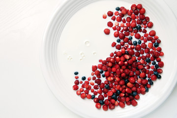 Strawberries ir blueberries floating in milk in big bowl