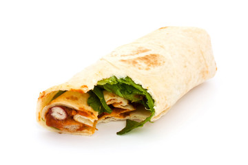 BBQ wrap over white with a missing bite