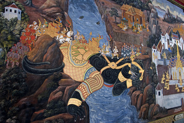 Thai Mural Painting on the wall, Wat Phra Kaew,