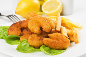 Breaded shrimp snack with french fries