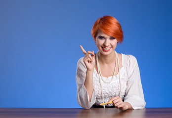 Businesswoman pointing at copyspace