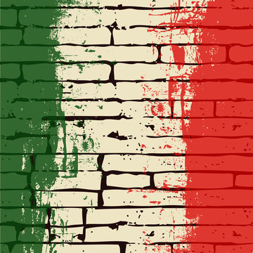 Grunged Italian Flag Over A Brick Wall