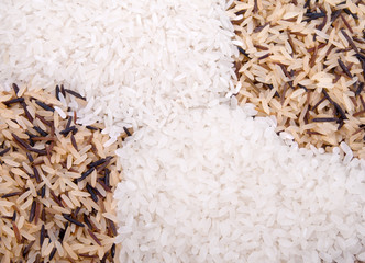 Closeup of long white rice with wild rice