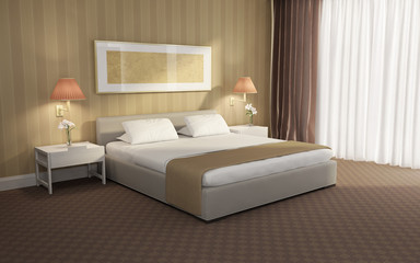 Chic warm, luxury bedroom 3d rendering