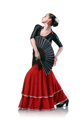 young woman dancing flamenco with fan isolated on white - obrazy, fototapety, plakaty