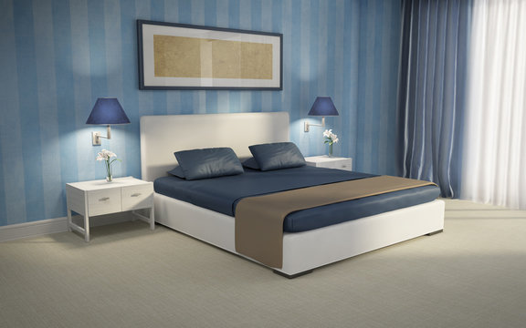 Blue Chic Luxury Bedroom 3d Rendering Blue Wallpaper