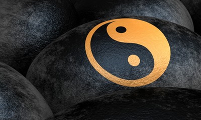 Schwarze Steine mit Yin und Yang Symbol - obrazy, fototapety, plakaty