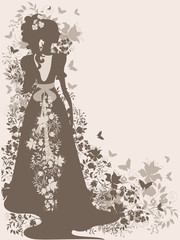 Vintage background with flowers and bride silhouette.