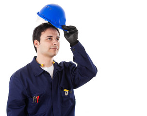 Working engineer portrait, isolated on white