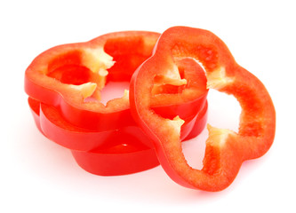 Slices of red bell pepper isolated on white background