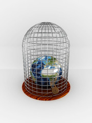 Earth in cage isolated on white background. 3D