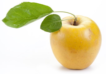 Ripe yellow apple with green leaves.
