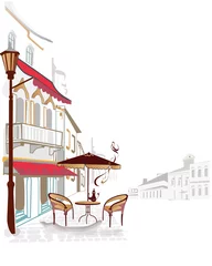 Selbstklebende Fototapete Gezeichnetes Straßencafé Stadtblick mit gemütlichen Cafés