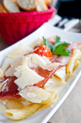 tasty pasta with roast ham