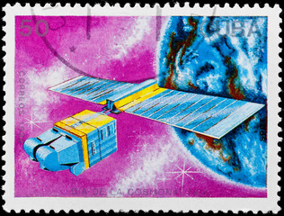 Postal stamp. Sattelite, 1988. - obrazy, fototapety, plakaty