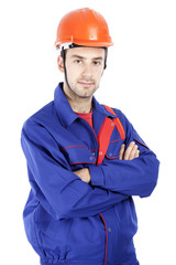 A male construction worker wearing helmet