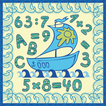 boat at sea during the day. thematic frame, letters and numbers