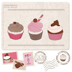 Set of cupcakes on old postcard, with stamps - for design and sc