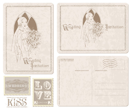 Retro Wedding Invitation postcard with Bride - for design and sc