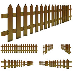 set of perspective, brown fence isolated on white background