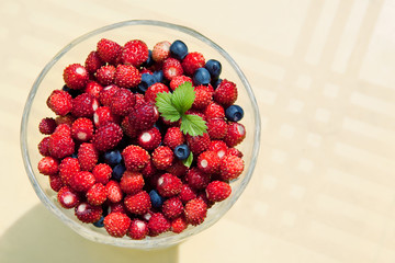 Fresh forest berries in glass cup on a tablecloth