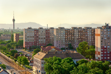 Fototapeta na wymiar Suburbs of a city in europe with russian apartments