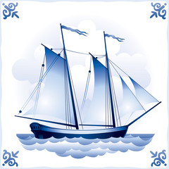 Ship on the Blue Dutch tile 7, Schooner