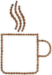 Coffee mug outline made of beans against a white background