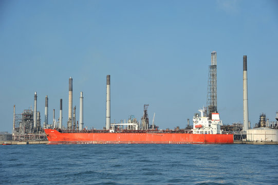 Oil Tanker At An Offshore OIl  Refinery