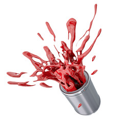 Red paint splashing out of can. 3D render.