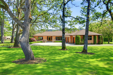 Obraz premium House on the horse farm with green landcape