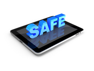 Safety concept. Tablet PC with 3d text SAFE isolated