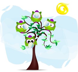 Illustrazione con gufetto detective tra i rami, vettoriale