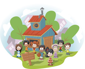 Cute happy cartoon kids in front of wood club house
