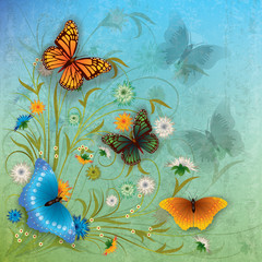 Naklejki  streszczenie grunge ilustracja z motylem i kwiatami