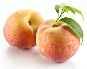 Two ripe peach with leaves
