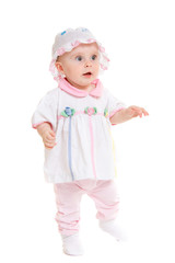 Baby in dress on a white background.