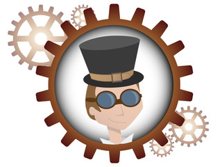 Youthful cartoon steampunk man inside gear