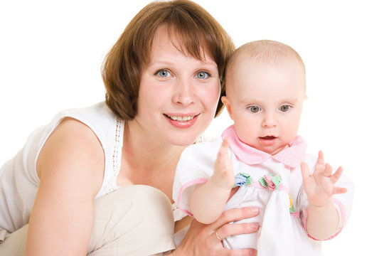 Mother with a baby on a white background