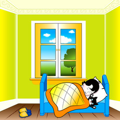 Child sleeping beside his cat