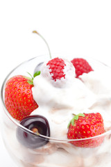 ice cream, cherries, raspberries and strawberries isolated on wh