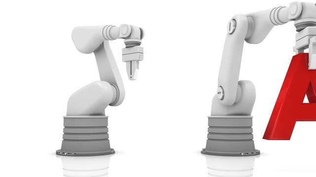 Industrial robotic arms building learn word