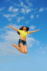 Beautiful Woman over blue Sky