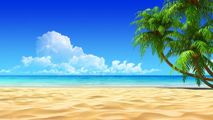 Palms on empty idyllic tropical sand beach - obrazy, fototapety, plakaty