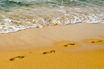 Human footprints leading away from the viewer into the sea