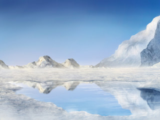Fototapeta na wymiar pokryte śniegiem góry odzwierciedlenie w zamarzniętym jeziorze