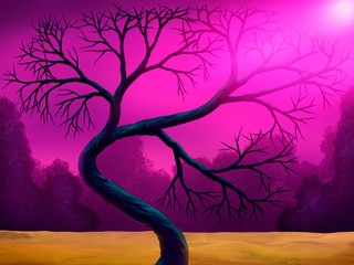 bent tree in a colorful pink landscape